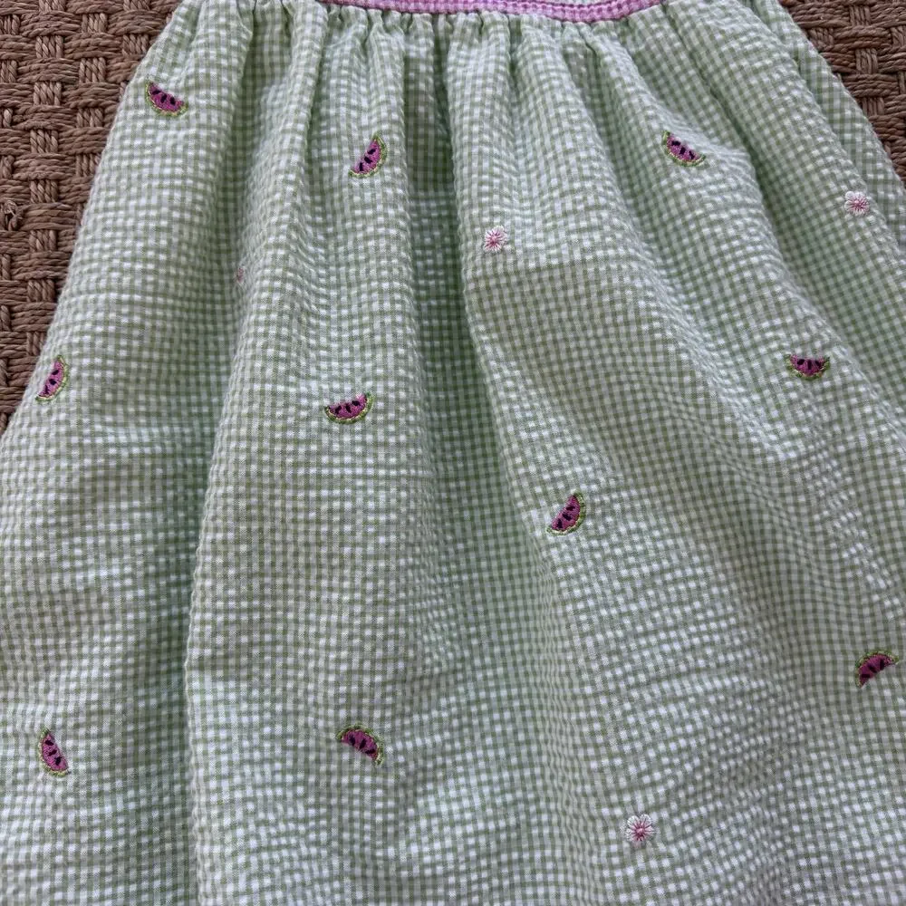 B.T. Kids Vintage Girl’s Dress Pink & Green Gingham Seersucker Watermelon Sz 5